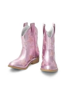 Kids Girls Cowgirl Cowboy Western Mid Calf Boots With Pull Loops On Both Sides Star-Shaped-Decoration - 粉色 - 查看 4