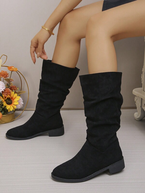 2024 New High Shaft Boots For Women, Low Heel Flat Tall Boots In Suede-Like Fabric, Non-Over Knee Mid-Calf Slouchy Retro Western Riding Boots