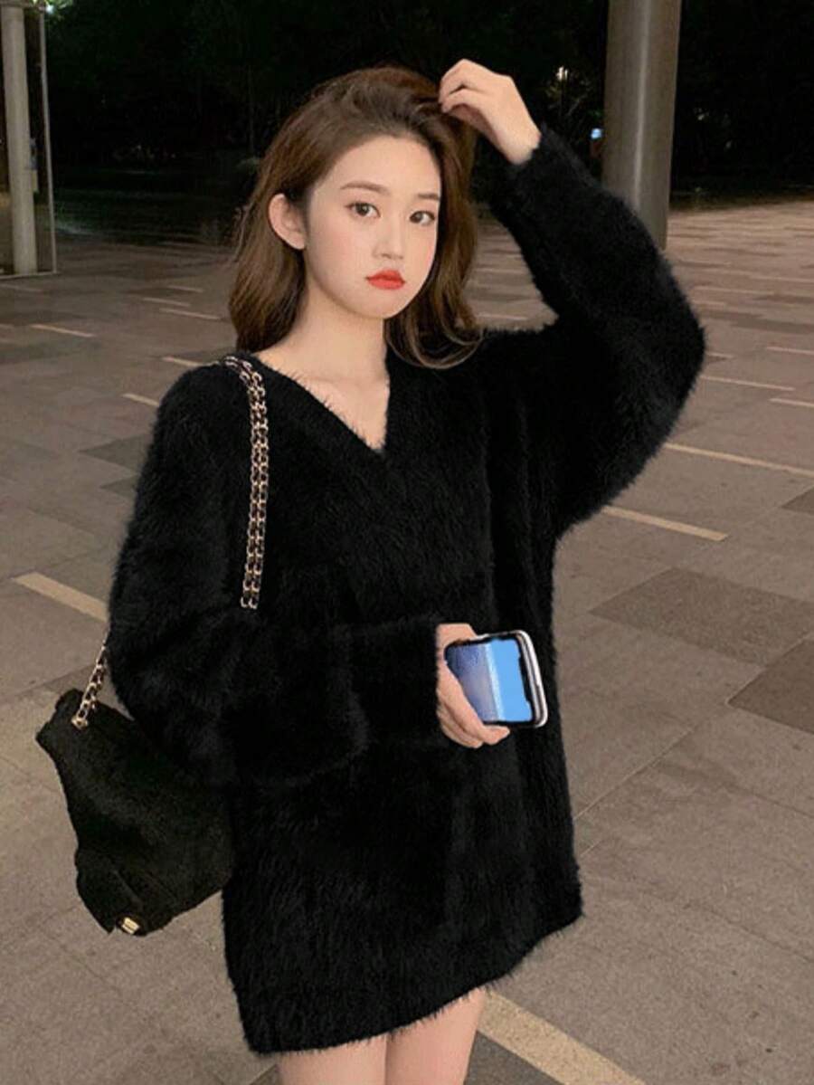 女士宽松V领落肩长袖休闲针织衫,黑色长袖上衣 - 黑色 - 查看 1