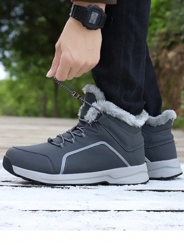 New Winter Large Size Leather Non-Slip Thick Warm Men Boots, Outdoor Sports Shoes Boot, Elastic Slip-On Snowshoes, Elderly Warm Boots, Fashion Travel Boots, Mid-Calf Boots, Grey Snow Boots, Mid-Calf Ski Boots