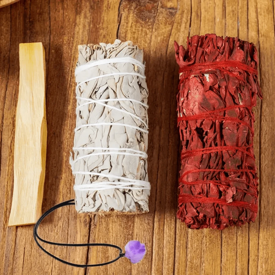 3 peças 1 Sálvia Branca + 1 Sálvia de Sangue de Dragão (4") + 1 Palo Santo + Pingente de Cristal | Para Limpeza, Meditação, Yoga, Defumação - Multicolorido - Visão 1