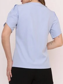 MARILYN MONNA New Women's Solid Color Blouse Petal Sleeve V-Neck Summer Exquisite Neckline Design - 淺藍色 - 查看 2