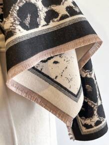 1件装女士双面仿羊绒豹纹和千鸟格印花围巾/披肩，秋冬季日常保暖 - 黑色 - 查看 2