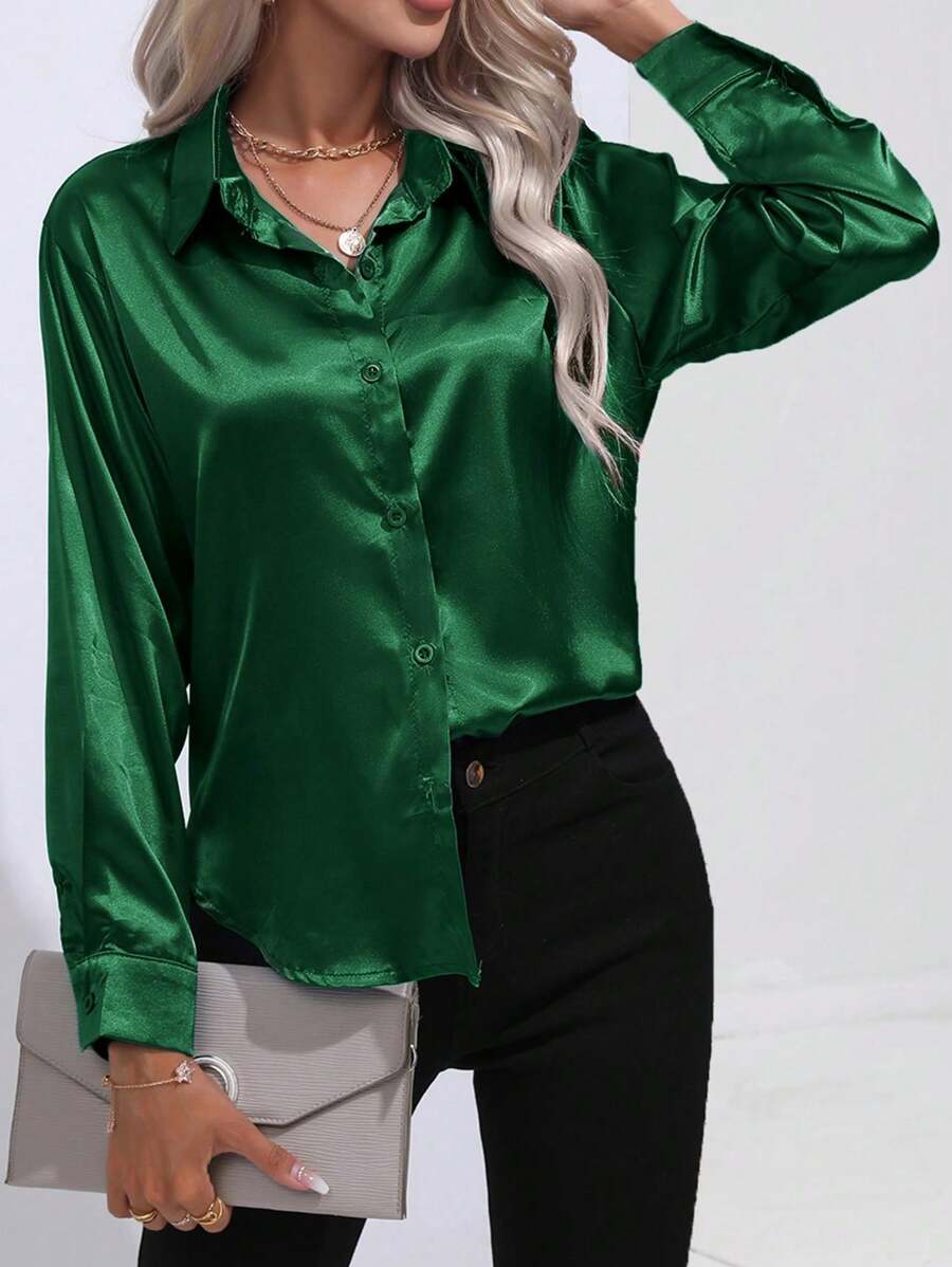 Women's Casual Turndown Collar Button Faux Silk Satin Poplin Solid Long Sleeve Blouse,Long Sleeve Tops - Dark Green - View 1