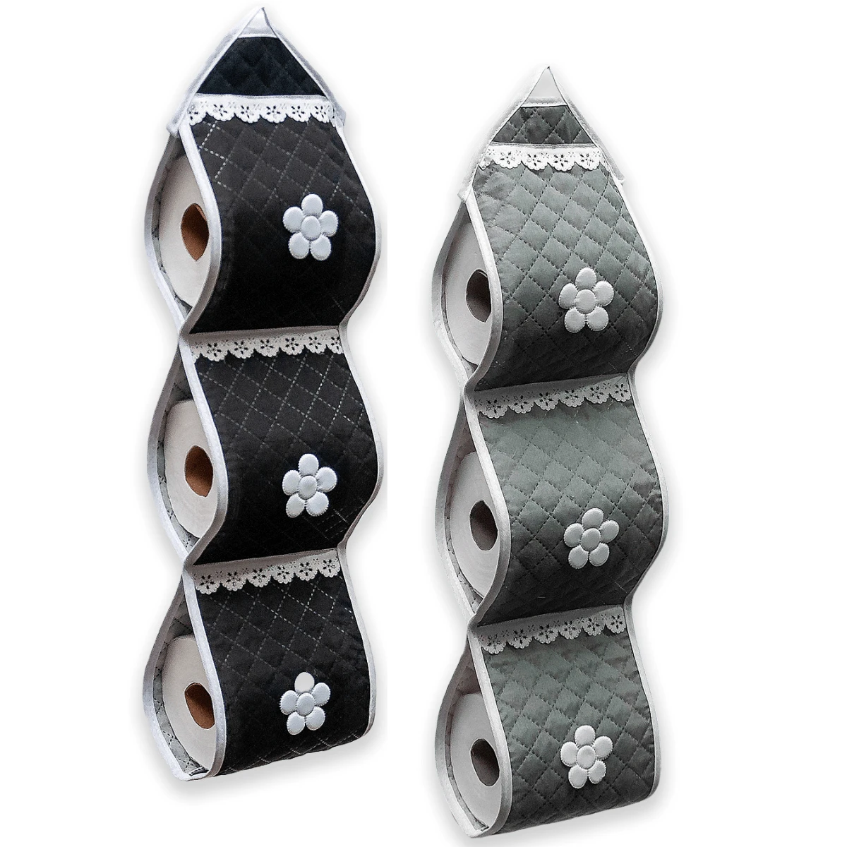 Casa Viva Kit 2 Quilted Toilet Paper Roll Holders, 3 Delicate Compartments Set - 黑色和灰色 - 查看 1