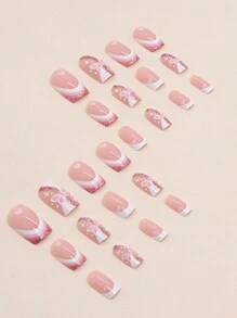 24片短方形法式美甲贴片，简约撞色图案，包含1个指甲锉和1瓶果冻胶，美甲贴片，美甲护理用品