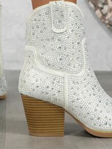 Women's Fashion Versatile Side Zipper Rhinestone Wedge High Heel Plain Color Boots, - White - View 3