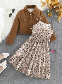 Bộ áo khoác nhung kẻ sọc và váy yếm in hoa cho bé gái tuổi teen, thường ngày mùa xuân thu - Cà phê nâu - Xem 1