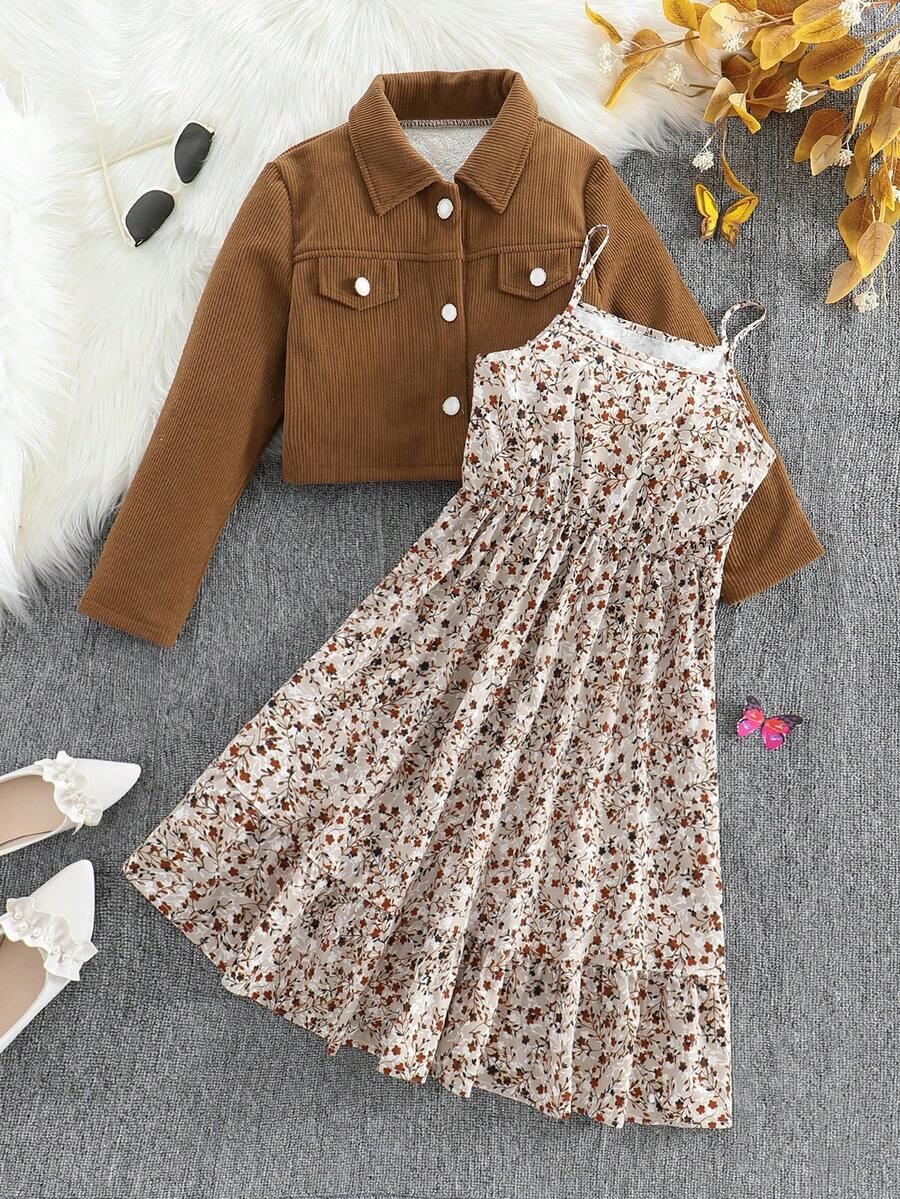 Bộ áo khoác nhung kẻ sọc và váy yếm in hoa cho bé gái tuổi teen, thường ngày mùa xuân thu - Cà phê nâu - Xem 1