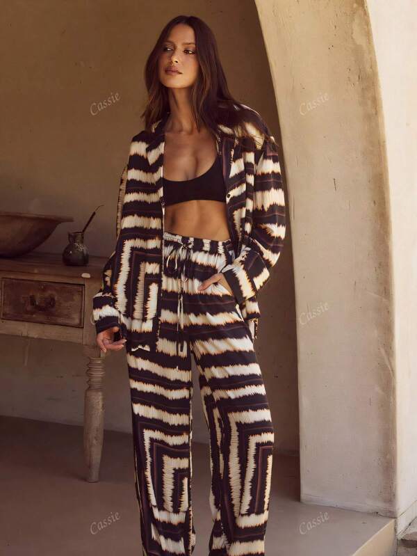2pcs Spring/Summer Personalized Fashion Print Long Sleeve Patchwork Casual Vacation Suit Tops