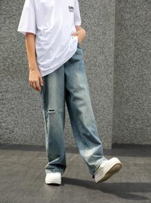 青少年街头风格直筒漂白破洞休闲牛仔裤，街头风格