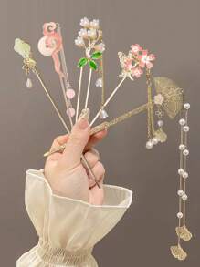 5pcs/1pc Alloy Hair Accessories Sakura Hairpin Hanfu Hair Stick Tassel Cheongsam Bun Clip - Premium Design, Minimalist Elegant, Alloy Material, Easy To Use, Beautiful Gift Hair Styling Pins Hair Bun Maker Bun Hair Piece, School Stuff