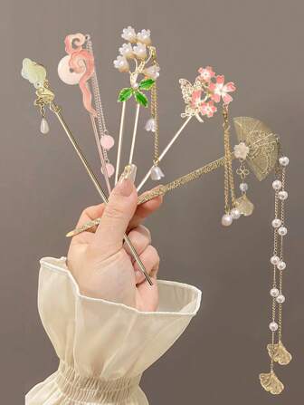 5个/1个合金发饰樱花发夹汉服发簪流苏旗袍发髻夹 - 高级设计，简约优雅，合金材质，易于使用，精美礼品发饰发夹发髻器发髻发饰，学习用品