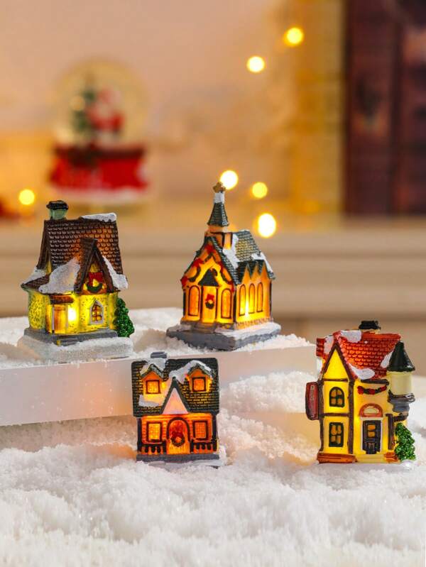 LED Light Up Resin Colorful Small House Christmas Tree Ornament, Christmas Party Decor Accessories,Christmas