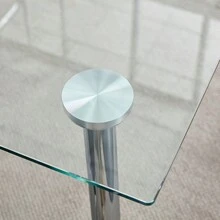 Table And Chair Set.Rectangular Dining Table With Tempered Glass Tabletop And Silver Plating Metal Legs.Paired With 6 Checkered Armless High Back White Chairs With Electroplated Metal Legs. - 白色+玻璃+金屬+6座如圖 - 查看 20