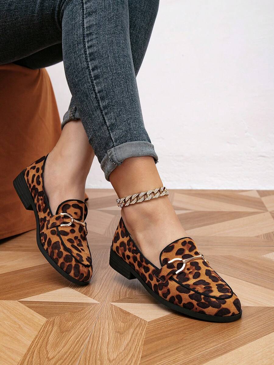Women's Round Toe Leopard Print Metal Buckle Flat Loafers Casual Slip-On Shoes, Spring Autumn - Multicolor - View 1