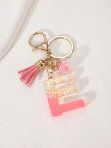 1pc Creative Letter Stone Resin Keychain With Tassel & Butterfly, Letter Pendant Keyring For Girls - Pink - View 20