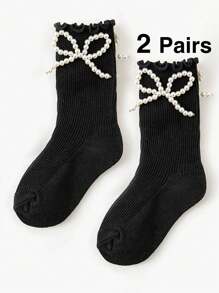 2 Pairs Girls' Socks With Pearl Bow Decor, French Princess Style, Sweet & Cute, Skin-Friendly, Soft, Versatile Ruffle Hem Knee-High Socks, Suitable For Autumn/Winter Daily Wear Or Holiday/Valentine's Day Outfit - Black and White - View 11