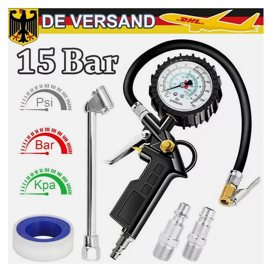 Compressed Air Tire Inflator Calibrated Pressure Gauge Manometer Car Air Pressure Gauge 15Bar 1/4 Inch Precision Pressure Tape With Flexible 35cm Long Hose - White - View 1