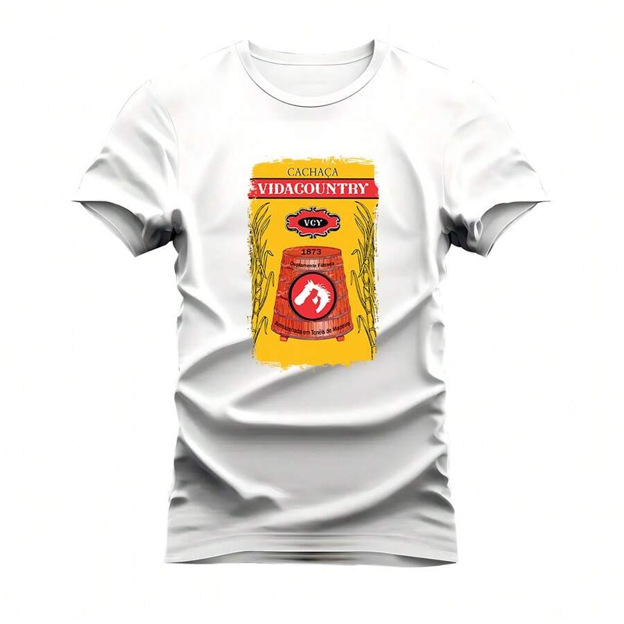 Comfortable Cotton T-Shirt Soft Mesh Printed Cachaça Vida Country - 白色 - 查看 1