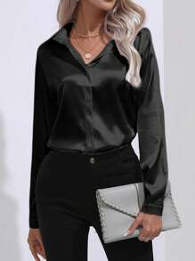 女士优雅翻领单排扣仿丝缎纯色长袖衬衫 - 黑色 - 查看 1