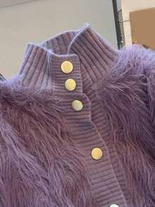 JIANHU Korean Style Fuzzy Knit Cardigan – Fall Winter Soft Faux Fur Sweater With Scalloped Trim And Pearl-Like Buttons, Cozy High Neck Jacket For Daily Looks