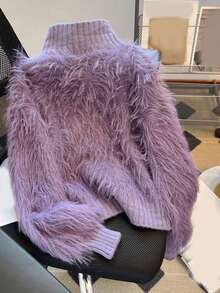 JIANHU Korean Style Fuzzy Knit Cardigan – Fall Winter Soft Faux Fur Sweater With Scalloped Trim And Pearl-Like Buttons, Cozy High Neck Jacket For Daily Looks