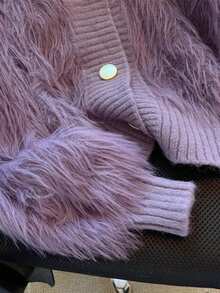 JIANHU Korean Style Fuzzy Knit Cardigan – Fall Winter Soft Faux Fur Sweater With Scalloped Trim And Pearl-Like Buttons, Cozy High Neck Jacket For Daily Looks