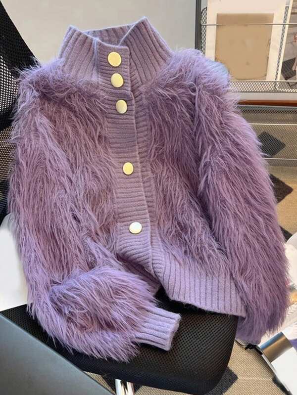 JIANHU Koreanischer Stil, Zottelig gestrickter Cardigan - weicher Kunst-Pelz Pullover mit gerippter Einfassung und perlmuttartigen Knöpfen, kuschelige Jacke mit hohem Kragen für den Alltag