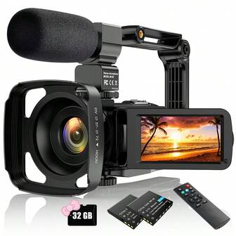 Nicamery 2.7K 摄像机 36MP 30FPS 防抖、16 倍数码变焦摄像机，配备 3.0 英寸 LCD 触摸屏视频博客摄像机，用于视频录制，配有外置麦克风、镜头遮光罩、稳定器、遥控器、2 块电池、32G 存储卡