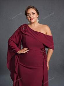 Plus-Size Evening Gown With Asymmetric Neckline, Statement Bell Sleeve & Cascading Side Silhouette - Elegant Mother-Of-The-Bride Dresses, Gala Dinner Attire, Formal Evening Wear, Red Carpet-Ready Designs, Black-Tie Event Outfits