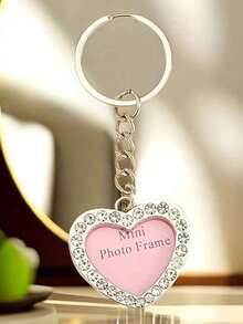 心形照片钥匙扣 锌合金钥匙扣，带钻石装饰心形吊坠，相框设计，适合家庭/个人照片，非常适合包包/汽车钥匙扣装饰和日常使用 - 粉色 - 查看 2
