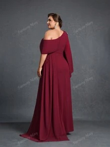 Plus-Size Evening Gown With Asymmetric Neckline, Statement Bell Sleeve & Cascading Side Silhouette - Elegant Mother-Of-The-Bride Dresses, Gala Dinner Attire, Formal Evening Wear, Red Carpet-Ready Designs, Black-Tie Event Outfits