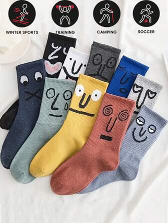 1/3/5 双趣味表情印花袜子，男/女秋冬糖果色圆筒/过膝/大腿高筒时尚袜子