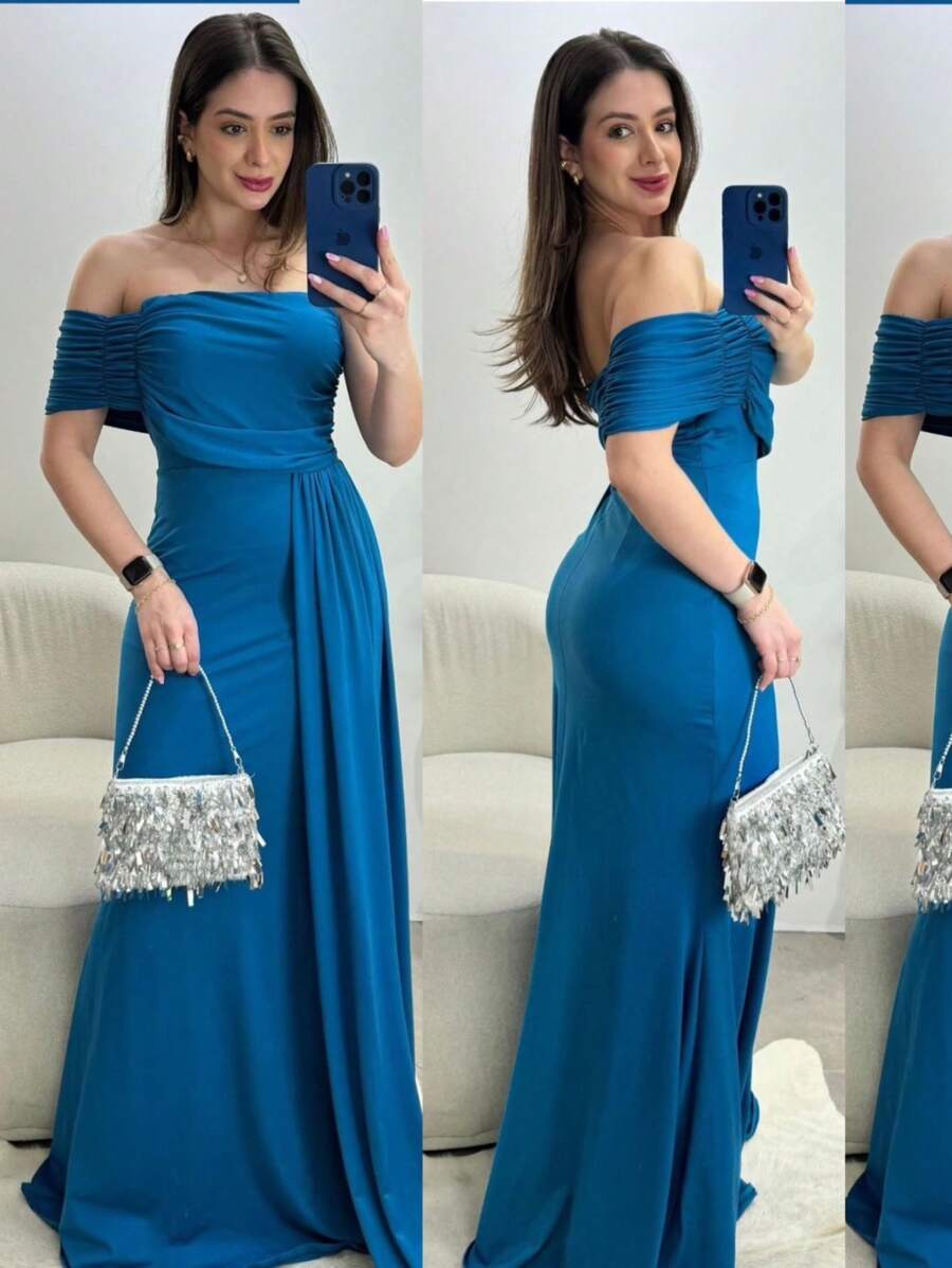 Thalita Long Dress With Train One Sleeve Solid Color Party Fashion Elegant Feminine - Màu xanh hải quân - Xem 1