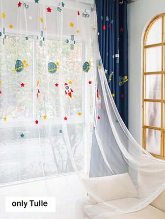 1pc Blue Cartoon Rocket Spaceship Blackout Curtains For Kids Boys Room Nursery Planet Satellite Embroidered Bay Window Tulle Drapes