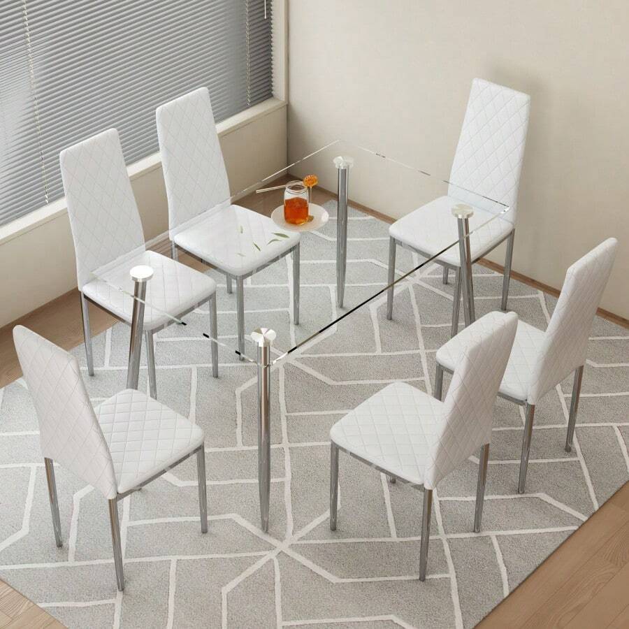 Table And Chair Set.Rectangular Dining Table With Tempered Glass Tabletop And Silver Plating Metal Legs.Paired With 6 Checkered Armless High Back White Chairs With Electroplated Metal Legs. - 白色+玻璃+金屬+6座如圖 - 查看 1