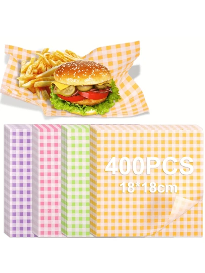 100张/400张防油纸垫，适用于三明治，四色蜡纸，厨房烘焙用羊皮纸，蛋糕盒衬垫，吸油格子衬垫，适用于汉堡和三明治，适合烧烤、野餐、返校、聚会、快餐等场合。