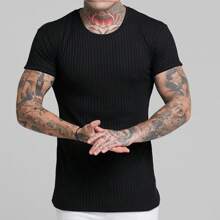 Men's American Style Ribbed Knit Slim T-Shirt - 黑色 - 查看 1