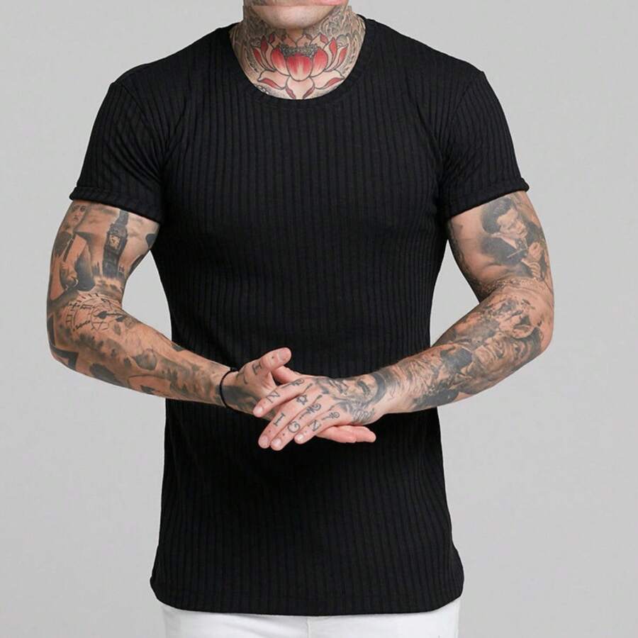 Men's American Style Ribbed Knit Slim T-Shirt - 黑色 - 查看 1