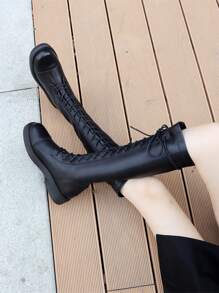2025秋冬新款棕色女士过膝靴平底系带修身加大码43高筒马靴 - 黑色 - 查看 4