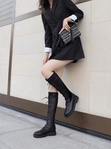 2025秋冬新款棕色女士过膝靴平底系带修身加大码43高筒马靴 - 黑色 - 查看 6