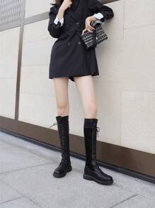 2025秋冬新款棕色女士过膝靴平底系带修身加大码43高筒马靴 - 黑色 - 查看 7