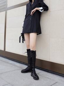 2025秋冬新款棕色女士过膝靴平底系带修身加大码43高筒马靴 - 黑色 - 查看 8