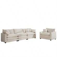 Mid-Century Modern Set Of 2 Sofas With One 3-Seater Sofa And One Single Accent Chair, Light Beige Corduroy Fabric