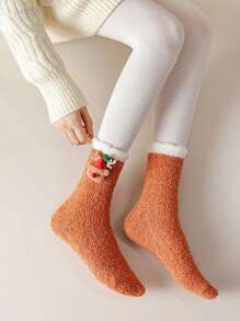 1 Đôi tất cổ cao in họa tiết Giáng sinh cho nữ, họa tiết tuần lộc hoạt hình và ông già Noel, tất lông dễ thương, tất đi sàn ấm áp cho mùa thu và đông, tất cho nữ mặc hàng ngày - Nhiều màu - Xem 1