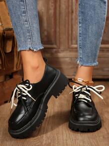 女士双色蕾丝装饰纯色圆头系带厚底乐福鞋复古风格办公室黑色真皮厚底平底鞋