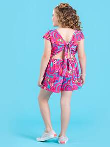 Summer Romper For Girls With Tie Back And  Rainbow - Hồng - Xem 2