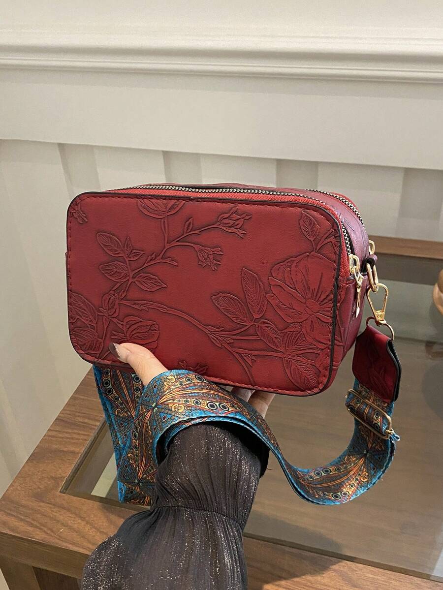 Túi đeo chéo máy ảnh Mini Retro, Túi đeo vai in hoa, Ví vuông quai rộng phong cách Bohemian dành cho nữ