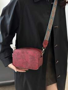 Túi đeo chéo máy ảnh Mini Retro, Túi đeo vai in hoa, Ví vuông quai rộng phong cách Bohemian dành cho nữ - Đỏ - Xem 4